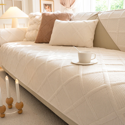 立体チェック柄ふんわり厚手ソファカバー 暖かい 高品質シェニール織り 防塵防ダニ 滑り止め 洗える キルティング加工 犬猫対策 ペット用 ソファー保護カバー 北欧 おしゃれ 無地 多色展開