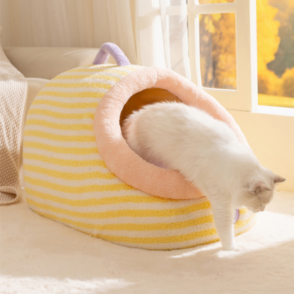 マカロンペットベッド ドーム型 4Dクラウドフリース構造 サーマル素材採用 蓄熱保温 ポカポカ 厚手ふっくら高弾力性 型崩れなし 両面クッション仕様 リネン風生地で通気爽快 オールシーズン対応 持ち手付き 小型犬 中型犬 猫 多頭飼い-Giipet