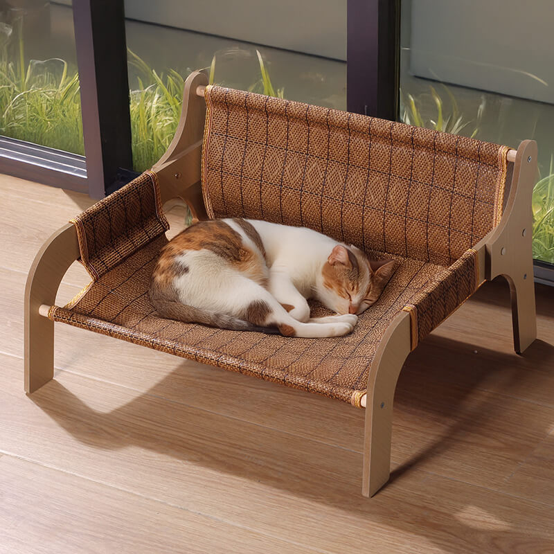 猫用ひんやりクールソファ 木製フレーム ワイドサイズ 麻/ラタン編み ローマ格子デザイン 多頭飼い ぽっちゃり猫 頑丈高耐荷重 爪とぎ 防水防汚 カビ防止 お手入れ簡単 長持ち ひんやり快適 年中使える猫ソファ