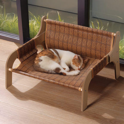 猫用ひんやりクールソファ 木製フレーム ワイドサイズ 麻/ラタン編み ローマ格子デザイン 多頭飼い ぽっちゃり猫 頑丈高耐荷重 爪とぎ 防水防汚 カビ防止 お手入れ簡単 長持ち ひんやり快適 年中使える猫ソファ
