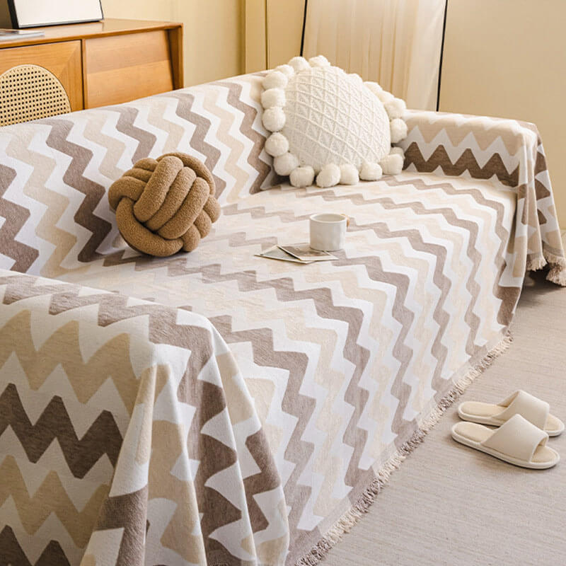波紋柄高目付ソファーカバー マルチカバー ジャカード シェニール 1~3人掛け 肘あり 肘なし 厚手 もっちり 肉厚 高級感 タッセル付き 柔らかい 傷防止 汚れ防止 犬猫対策 四季通用 ペット用品
