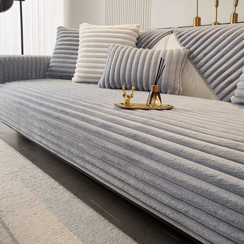 横ストライプソファカバー ラビットファー 厚手 ふわもこ ソファーパッド 吸湿発熱 蓄熱保温 静電気防止 抗菌防臭 滑り止め ズレない 丸洗いOK 犬猫 ペット用 汚れ防止 寒さ対策 おしゃれ 北欧 リビング 模様替え 全6色 1-4人掛け マルチカバー