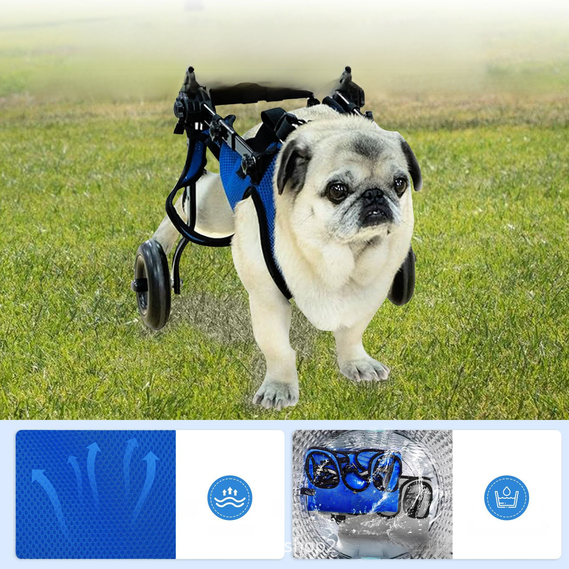 犬用車椅子 ペット用リハビリ歩行補助車 通気性メッシュ 金属フレーム 静音キャスター 後脚サポート 老犬・介護犬向け