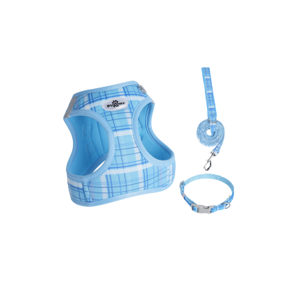 ソフトメッシュチェックハーネス 首轮 3点セット インスタ风 通気性 反射材付き 夜间安全 衝撃分散 ベルクロ调整 抜けにくい 小型犬 中型犬 猫 1.5-14kg対応 お散歩 お出かけ