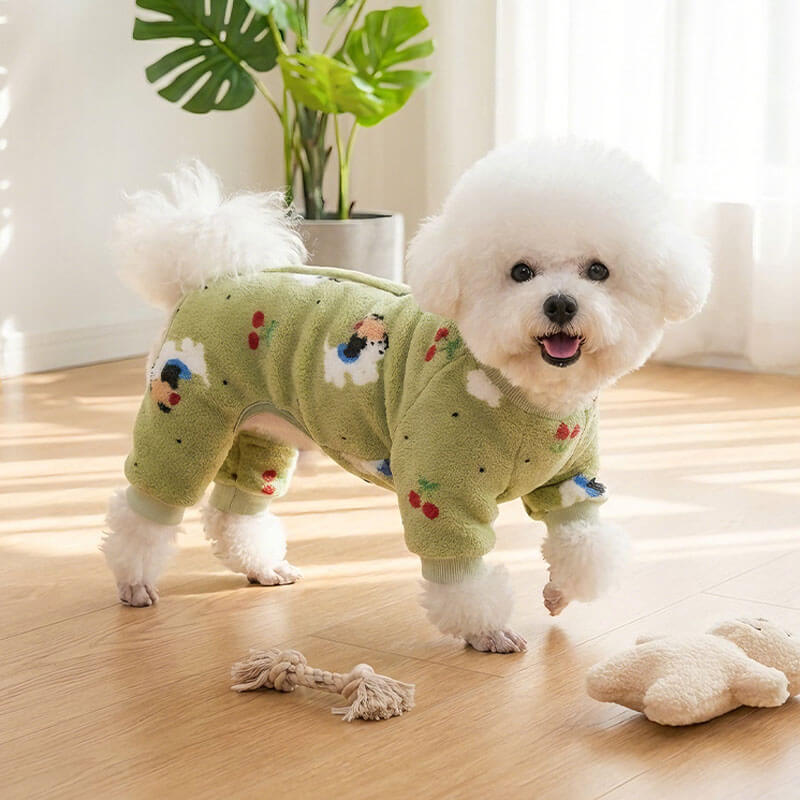 ドッグロンパース ふわもこあったかフリース 四つ足 背中開き 着脱簡単 ハーネス一体型 Dカン付き シームレス 極上肌ざわり ストレスフリー 北欧風 防寒保温 抜け毛対策 パジャマ 秋冬用 服苦手な子 シニア犬-Giipet