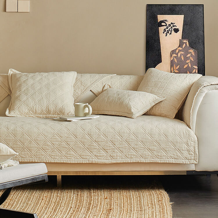 天然綿麻和風ソファカバー キルティング加工 防ダニ 抗菌 ウォッシュドコットン 高密度編み 肌に優しい シリコン滑り止め付き ズレにくい 洗濯機丸洗いOK オールシーズン対応 ペット対策 汚れ防止 へたりにくい 11サイズ展開-Giipet