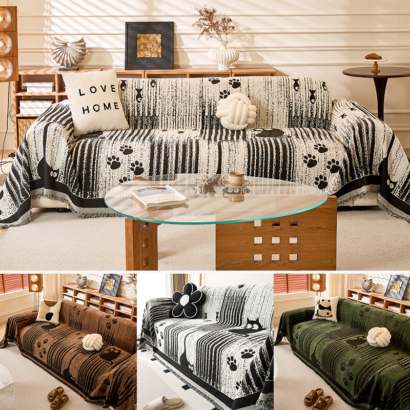 猫モチーフシェニール織りソファカバー オールシーズン対応 傷防止 滑り止め 汚れ防止 高密度 両面使用可能 10秒簡単設置 肌触り優しい 上品な質感 猫対策 ソファ保護 耐久性抜群 水洗いOK おしゃれ 多色展開-Giipet