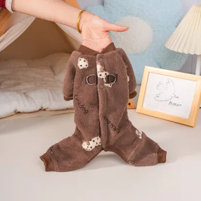 ドッグロンパース ふわもこあったかフリース 四つ足 背中開き 着脱簡単 ハーネス一体型 Dカン付き シームレス 極上肌ざわり ストレスフリー 北欧風 防寒保温 抜け毛対策 パジャマ 秋冬用 服苦手な子 シニア犬-Giipet