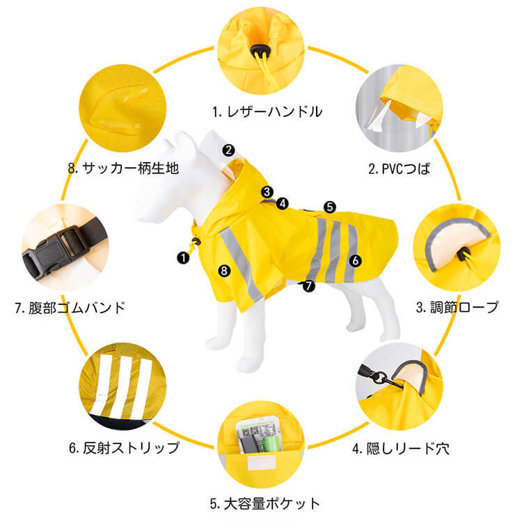 牽引可能な犬用レインコート 3色展開/全犬種対応 防水&夜間反射ストライプ サッカーパターン生地 PVC透明ツバ付き 伸縮腹部ベルト&首元調節可能 小型犬~大型犬用 30秒簡単着脱 TPU防水ライナー搭載 耐摩耗性強化 シワ防止加工 雨の日お散歩セーフティセット