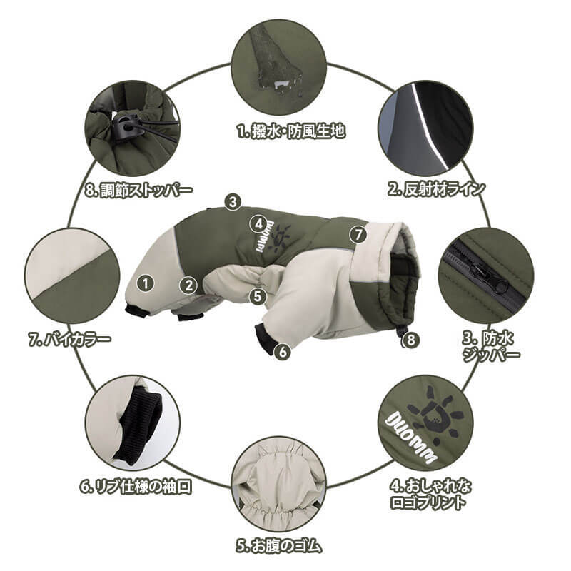 犬服 ドッグウェア 中・大型犬用 防寒ロンパース 秋冬 あったか 保温 防寒着 撥水 防風 防水ジッパー 反射材ライン 簡単着脱 マジックテープ 調節ストッパー 3層構造 優しい着心地 おしゃれ バイカラー フィット お散歩安心 ワンちゃんの歩くカイロ-Giipet