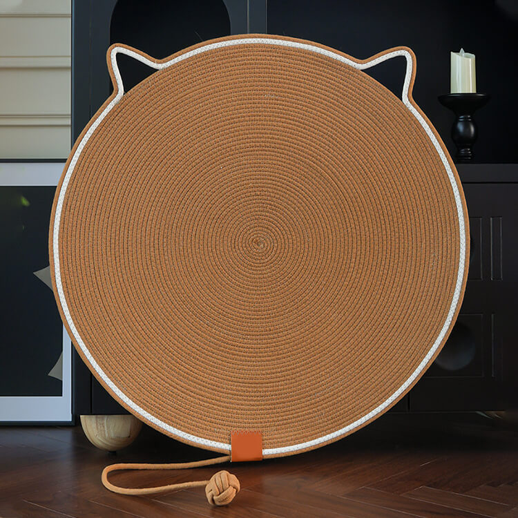 マカロン手編み猫爪とぎマット 円形 60cm オールシーズン対応 ひんやり快適 綿麻ロープ素材 耐久性抜群 爪とぎ・寝床兼用 持ち運び簡単 猫耳デザイン 内蔵ボール付き