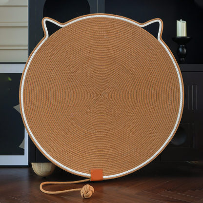 マカロン手編み猫爪とぎマット 円形 60cm オールシーズン対応 ひんやり快適 綿麻ロープ素材 耐久性抜群 爪とぎ・寝床兼用 持ち運び簡単 猫耳デザイン 内蔵ボール付き