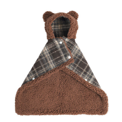 ふわふわくま耳ペットポンチョ 犬猫兼用 秋冬 防寒 保温 暖かい もこもこ フランネル チェック柄 2WAYブランケット 着る毛布 抜け毛対策 洗える ストレスフリー 安全素材 小型犬 中型犬