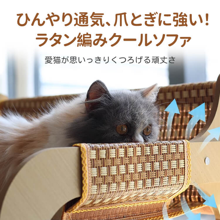 猫用ひんやりクールソファ 木製フレーム ワイドサイズ 麻/ラタン編み ローマ格子デザイン 多頭飼い ぽっちゃり猫 頑丈高耐荷重 爪とぎ 防水防汚 カビ防止 お手入れ簡単 長持ち ひんやり快適 年中使える猫ソファ