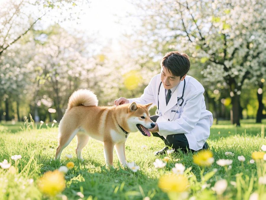 公園で柴犬を診察している獣医師の写真です。春の穏やかな日差しの中、花が咲き誇る風景が広がっています。獣医師は犬に優しく触れ合い、犬もリラックスした様子で微笑んでいます。