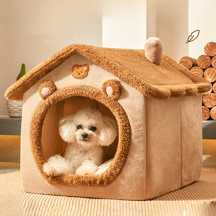 猫犬兼用 ふわふわドーム型ペットハウス 冬用 暖かい 取り外して洗える 360°防風保温 クマ耳デザイン 滑り止め付 頑丈設計 一年中使える 小型犬 中型犬 大型猫対応 ふかふか快適 プレミアム素材 フランネル へたりにくい厚み 可愛いお家型-Giipet