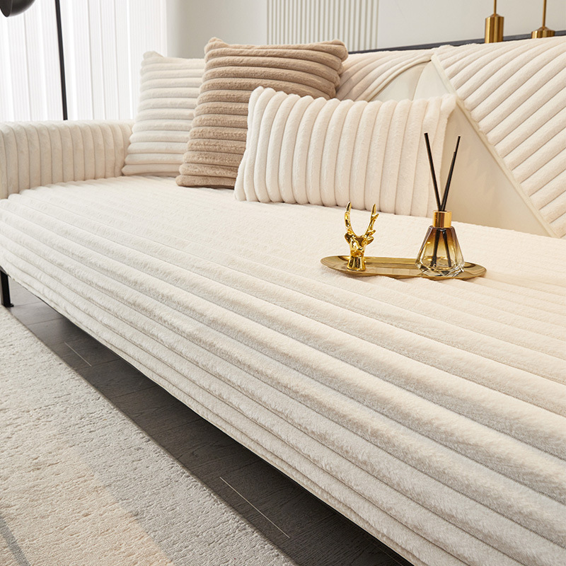 横ストライプソファカバー ラビットファー 厚手 ふわもこ ソファーパッド 吸湿発熱 蓄熱保温 静電気防止 抗菌防臭 滑り止め ズレない 丸洗いOK 犬猫 ペット用 汚れ防止 寒さ対策 おしゃれ 北欧 リビング 模様替え 全6色 1-4人掛け マルチカバー