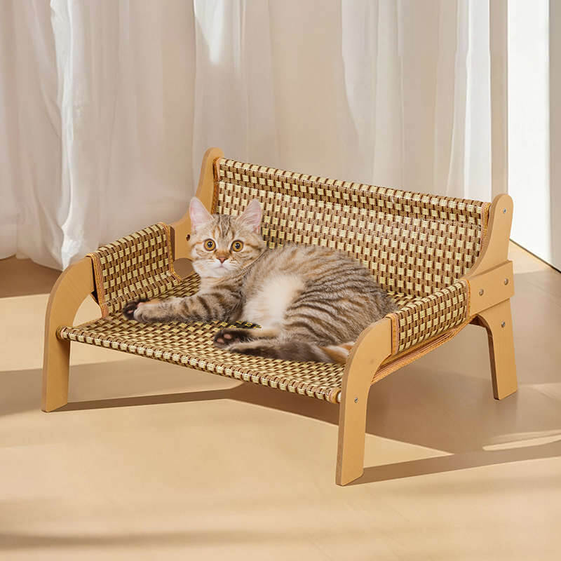 猫用ひんやりクールソファ 木製フレーム ワイドサイズ 麻/ラタン編み ローマ格子デザイン 多頭飼い ぽっちゃり猫 頑丈高耐荷重 爪とぎ 防水防汚 カビ防止 お手入れ簡単 長持ち ひんやり快適 年中使える猫ソファ