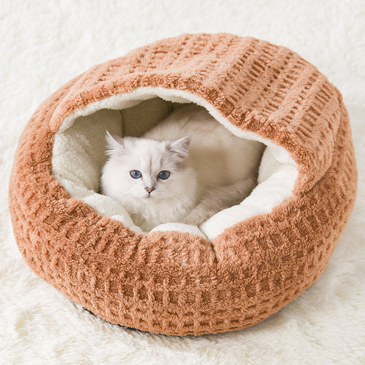 ソフトチェック柄 猫用シェル型ベッド 秋冬用 防寒保温 ふわふわフランネル なめらか肌触り PP綿たっぷり へたりにくい立体サポート ゆったり広々 冷気ブロック 圧迫感ゼロ 全年齢猫対応