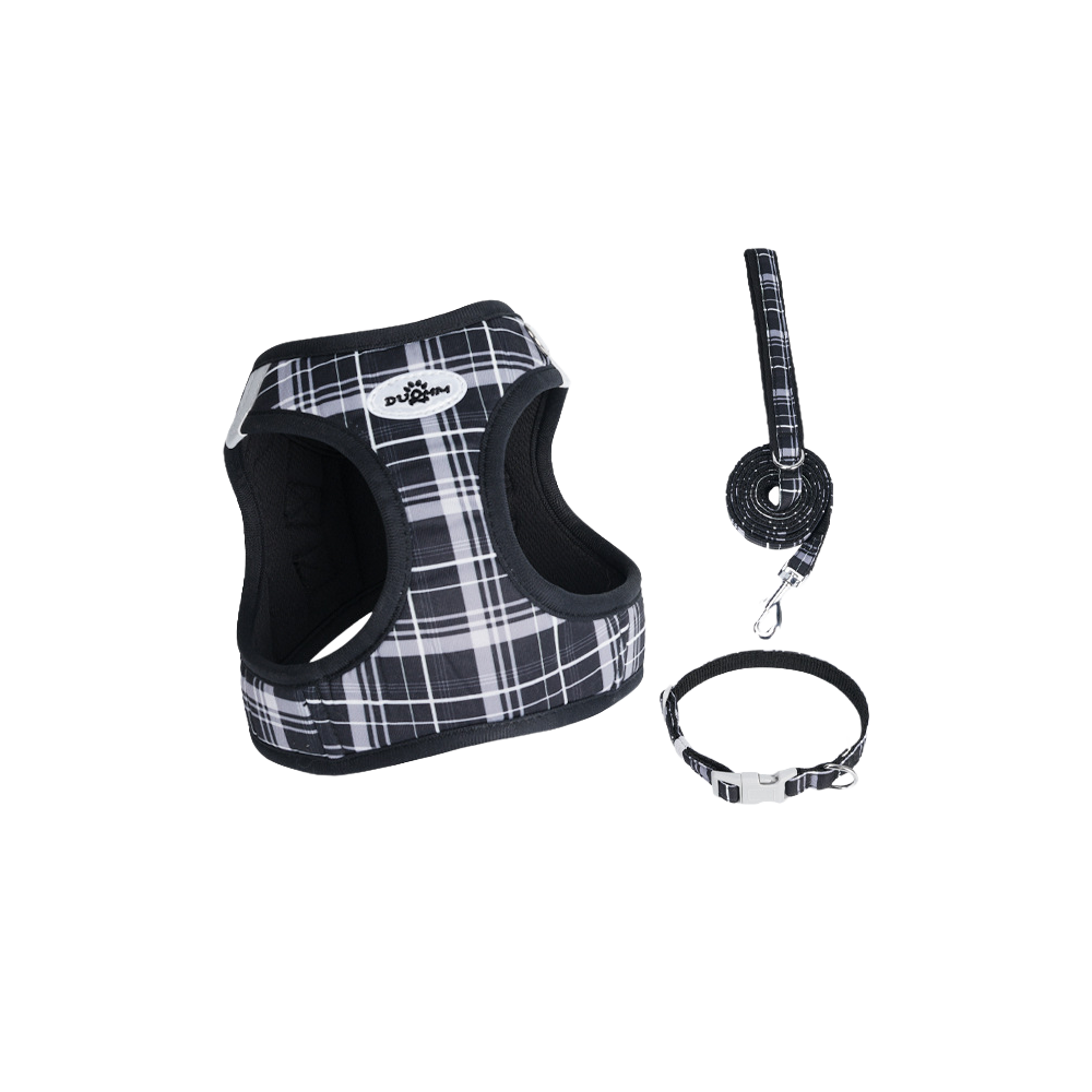 ソフトメッシュチェックハーネス 首轮 3点セット インスタ风 通気性 反射材付き 夜间安全 衝撃分散 ベルクロ调整 抜けにくい 小型犬 中型犬 猫 1.5-14kg対応 お散歩 お出かけ