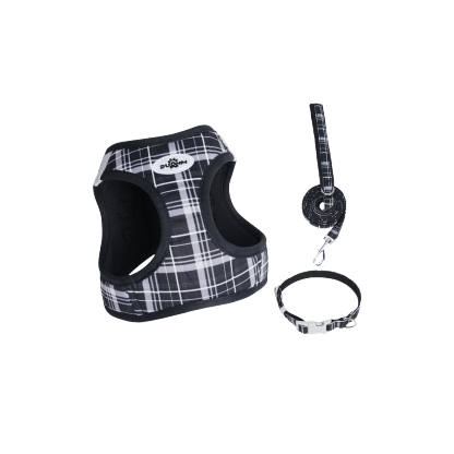 ソフトメッシュチェックハーネス 首轮 3点セット インスタ风 通気性 反射材付き 夜间安全 衝撃分散 ベルクロ调整 抜けにくい 小型犬 中型犬 猫 1.5-14kg対応 お散歩 お出かけ