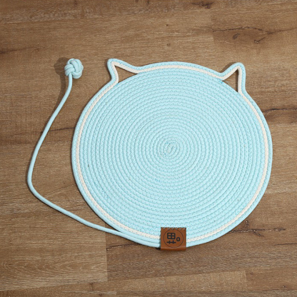 マカロン手編み猫爪とぎマット 円形 60cm オールシーズン対応 ひんやり快適 綿麻ロープ素材 耐久性抜群 爪とぎ・寝床兼用 持ち運び簡単 猫耳デザイン 内蔵ボール付き