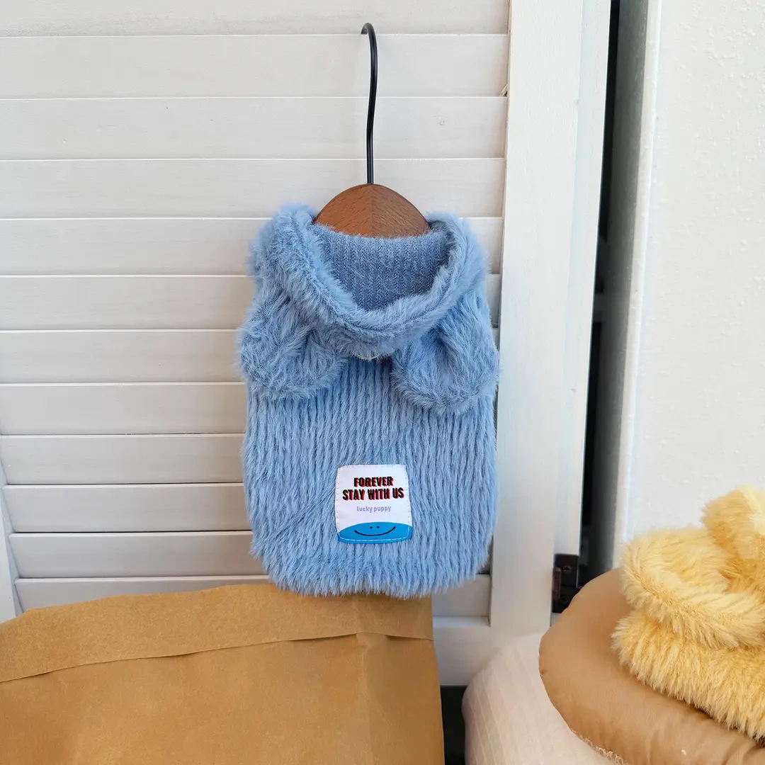 耳付きフードパーカー ふわふわ厚手 起毛素材 ペット用ノースリーブパーカー 犬服 秋冬用 防寒 保温 超キュート 小型犬 中型犬 6サイズ (XS-2XL) 展開 選べる2色 フェイクファー素材 柔らかく滑らか 着せやすい-Giipet