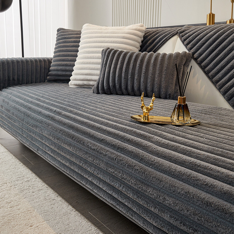 横ストライプソファカバー ラビットファー 厚手 ふわもこ ソファーパッド 吸湿発熱 蓄熱保温 静電気防止 抗菌防臭 滑り止め ズレない 丸洗いOK 犬猫 ペット用 汚れ防止 寒さ対策 おしゃれ 北欧 リビング 模様替え 全6色 1-4人掛け マルチカバー