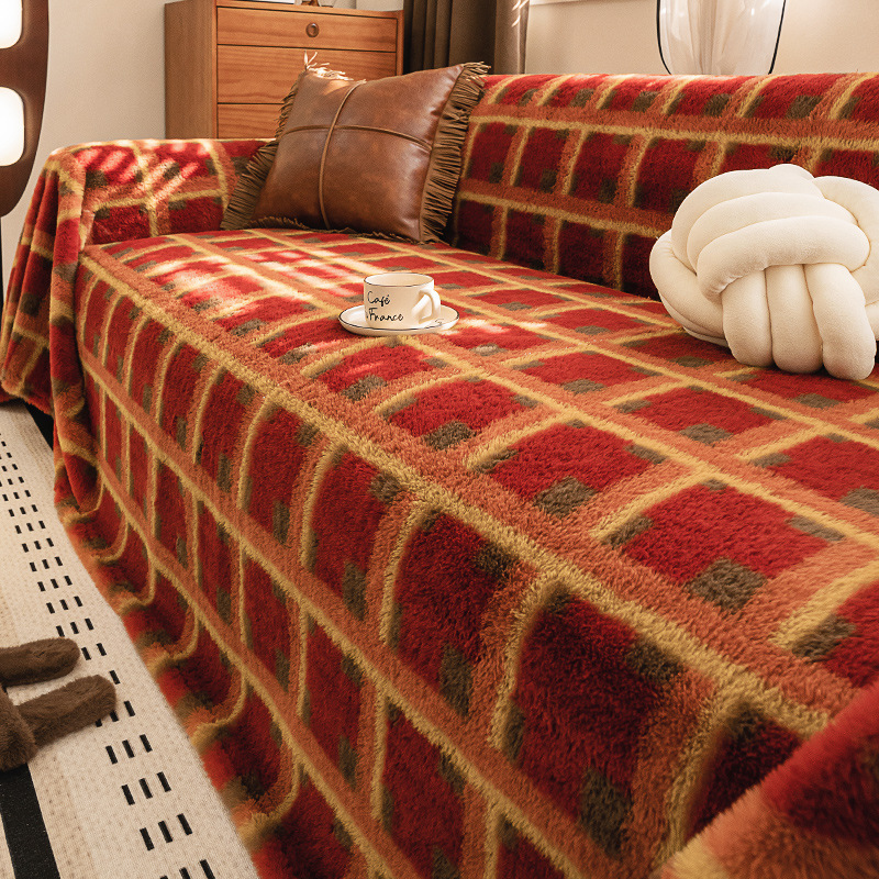 秋冬用 クリスマスチェック柄 ソファカバー ラビットファー調 なめらか肌触り ふわふわ 保温 軽量 厚手 高品質シェニール マルチカバー リビングインテリア 防汚 ズレ防止 おしゃれ 季節感たっぷり-Giipet