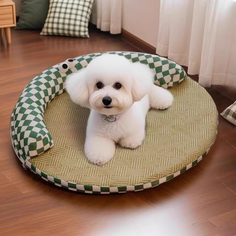 夏の枕付きペットベッド 接触冷感シート 犬猫用 藤編み 麻生地 高反発 洗える 丈夫 通気性抜群 ムレない ひんやり快適 寝返り自由 体圧分散 滑り止め 耐久性 破れにくい 小型犬 中型犬 子犬 老犬