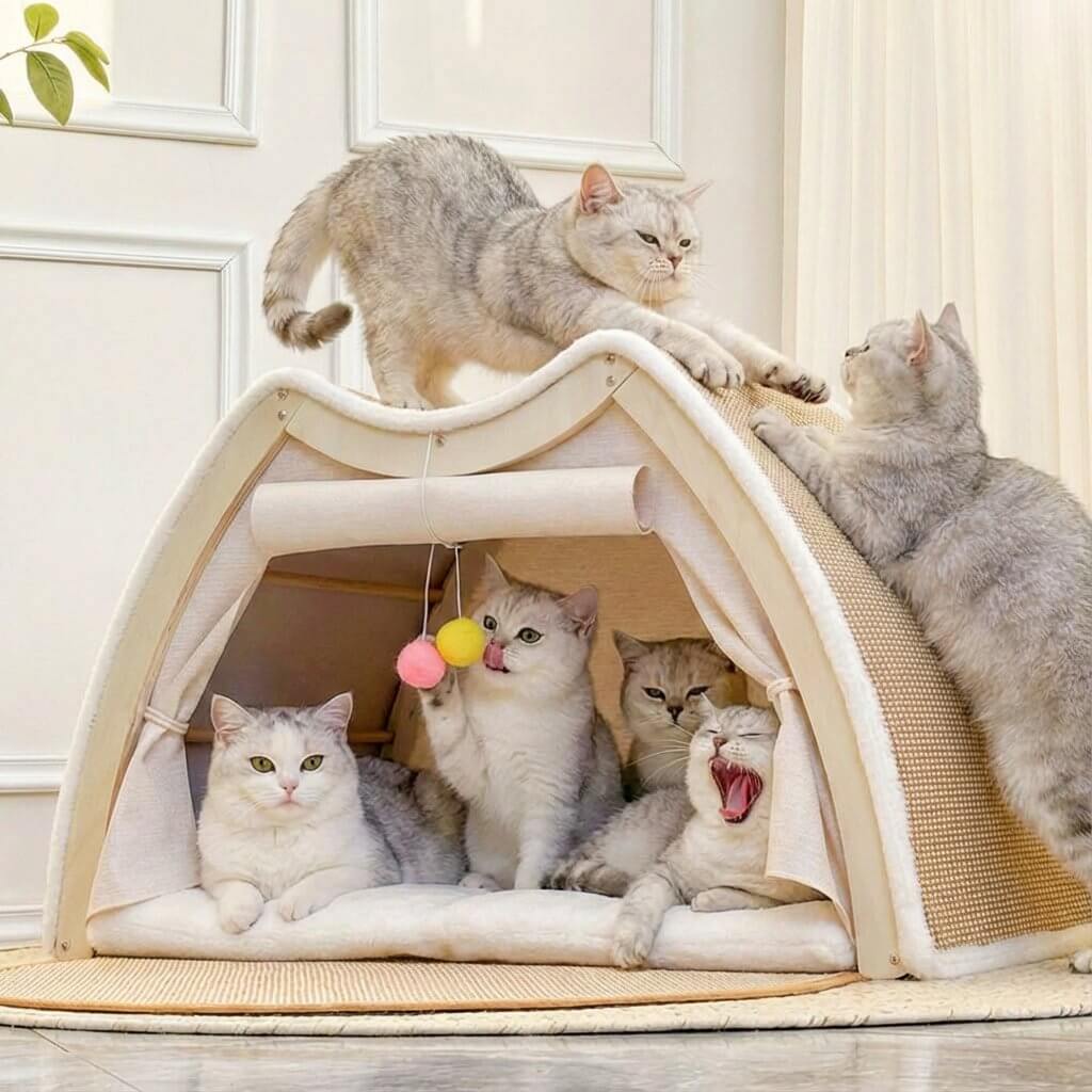猫用多機能キャットベッド&スクラッチャー 一体型 3WAY 猫小屋 木製