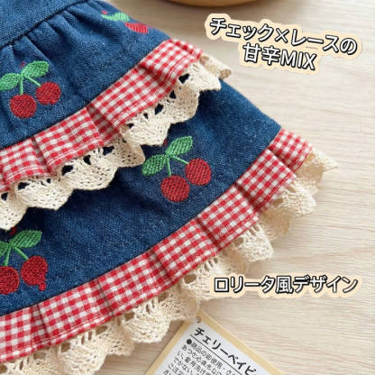 犬用デニムワンピース チェリー刺繍 丈夫なドッグウェア 耐久性 噛みつきに強い 引っ掻きに強い 毛玉防止 丁寧な縫製 春服 新作 スカート サロペット 小型犬 中型犬 猫 お出かけ 散歩 可愛い 通年使用可