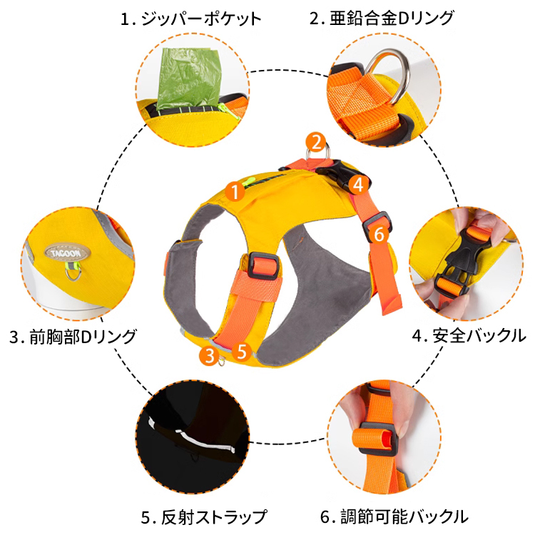 犬用反射テープ・ポケット付きハーネス式リード