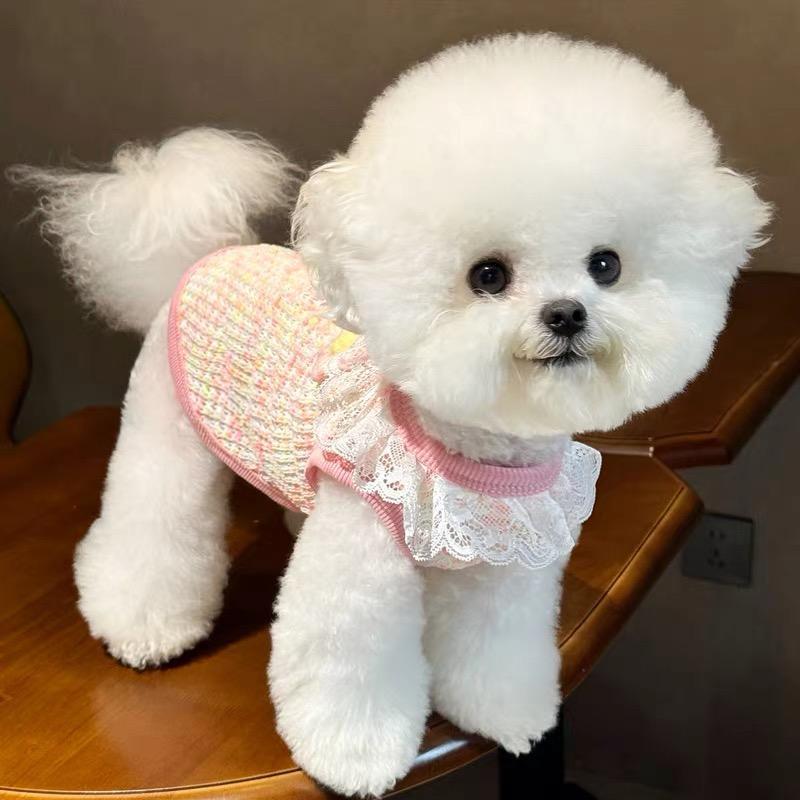 ニット製 可愛いレース襟 ペット用薄手ベスト 犬服 猫兼用 春夏 綿100% コットン 通気性抜群 蒸れない 透かし編み 可愛い お洒落 ドッグウェア 小型犬 中型犬  抜け毛防止 部屋着 散歩