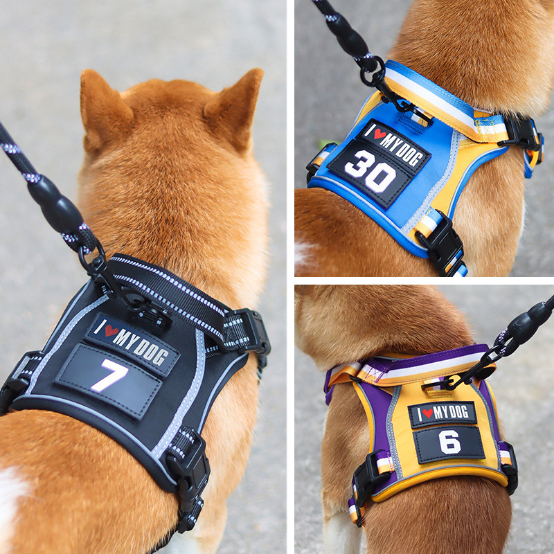 バスケ風犬用ハーネスリードセット 反射材 飛び出し防止設計 3秒着脱可能 スポーツ用エアレイヤー生地 通気性 肌触り抜群 マジックテープ カスタム対応 亜鉛合金バックル 小型 中型 大型犬用 ブラック/ブルー/イエロー3色展開