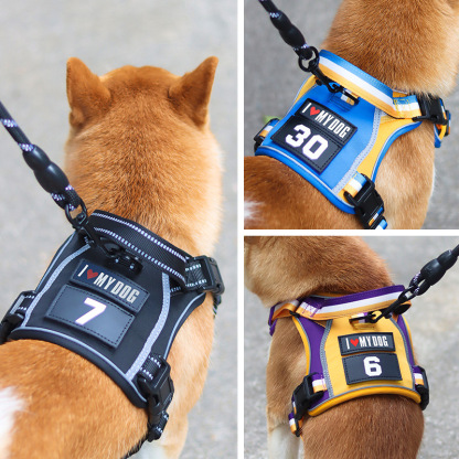 バスケ風犬用ハーネスリードセット 反射材 飛び出し防止設計 3秒着脱可能 スポーツ用エアレイヤー生地 通気性 肌触り抜群 マジックテープ カスタム対応 亜鉛合金バックル 小型 中型 大型犬用 ブラック/ブルー/イエロー3色展開