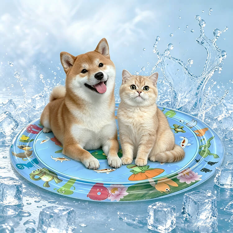 厚手仕様ペットウォーターマット ひんやり快適 遊びながら暑さ対策 犬 猫用 熱中症対策 破れにくい浮き輪素材 水漏れ防止 空気入れポンプ付き