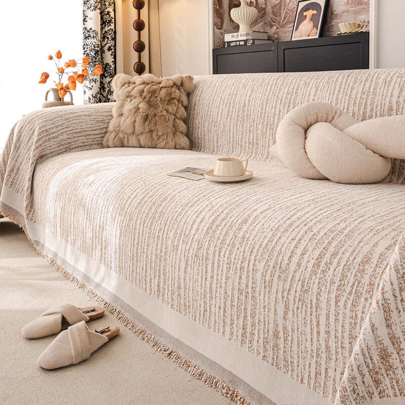 フレンチクリーム風 ストライプ柄ソファカバー 爪とぎ防止 シェニール織り カシミヤタッチ 厚手 柔らかい 犬猫対策 傷防止 汚れ防止 毛が付きにくい 抗菌 防臭 丸洗い可能 北欧 おしゃれ 滑り止め ズレない 1/2/3/4人掛け オールシーズン-Giipet