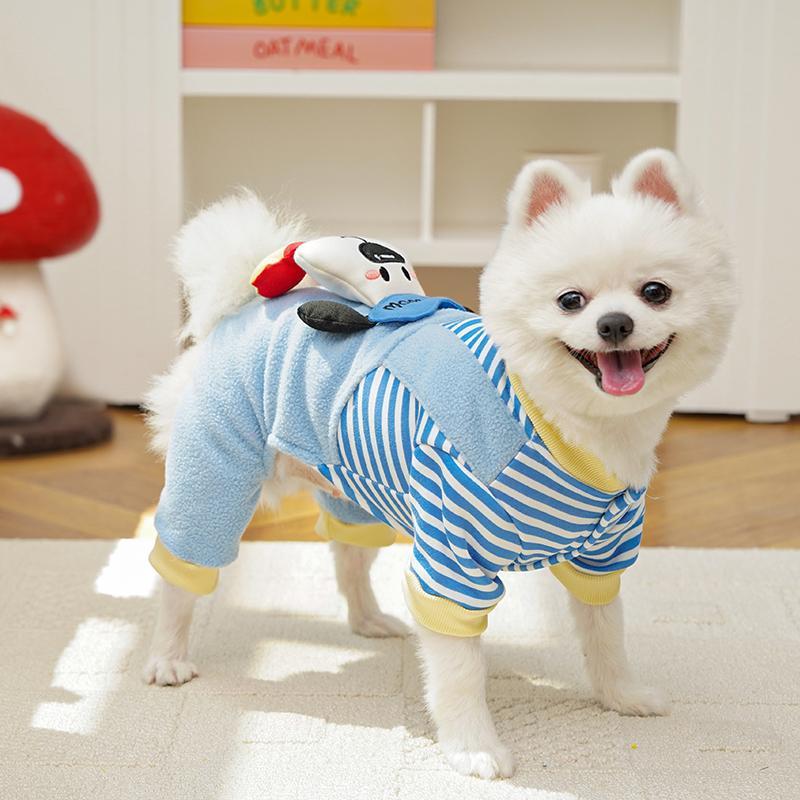 4足ペットウェア 犬服 猫服 ドッグウェア キャットウェア ストライプ柄 立体足型モチーフ 秋冬 防寒 保温 暖かい 発熱フリース 伸縮性抜群 ストレッチ 締め付けゼロ 着脱簡単 スナップボタン お散歩安心 毛玉防止 汚れにくい 小型犬 中型犬用-Giipet