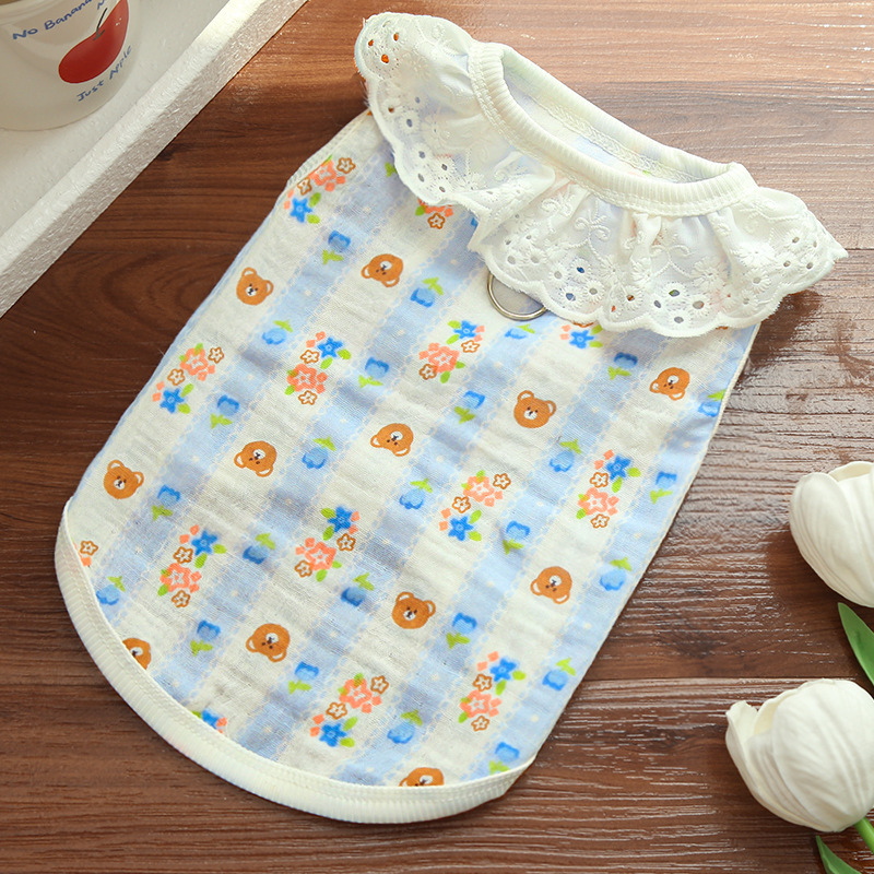 全棉紗レース襟ペットベスト 猫も犬も着用 OK 綿100% ガーゼ 通気性抜群 涼しい 蒸れない 春夏 新作 可愛い おしゃれ 抜け毛防止 散歩 お出かけ