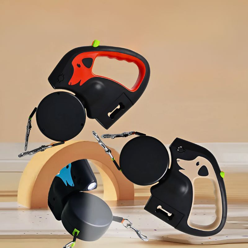 ペット用スマートダブルヘッドリード 自動伸縮牽引ロープ 3mナイロン 防爆ワンタッチロック 二頭引き対応 夜間照明付き 反射ロープ 強靭金属フック 大型犬対応 150kg耐荷重 犬散歩快適安全リード