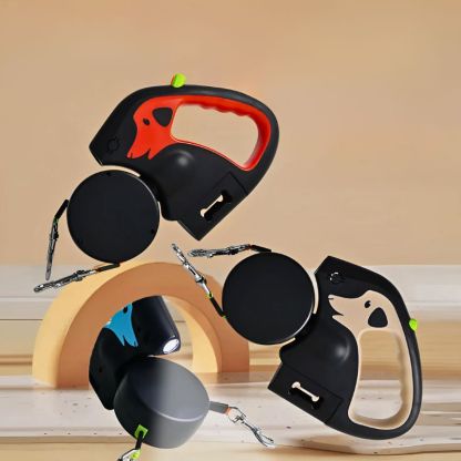 ペット用スマートダブルヘッドリード 自動伸縮牽引ロープ 3mナイロン 防爆ワンタッチロック 二頭引き対応 夜間照明付き 反射ロープ 強靭金属フック 大型犬対応 150kg耐荷重 犬散歩快適安全リード