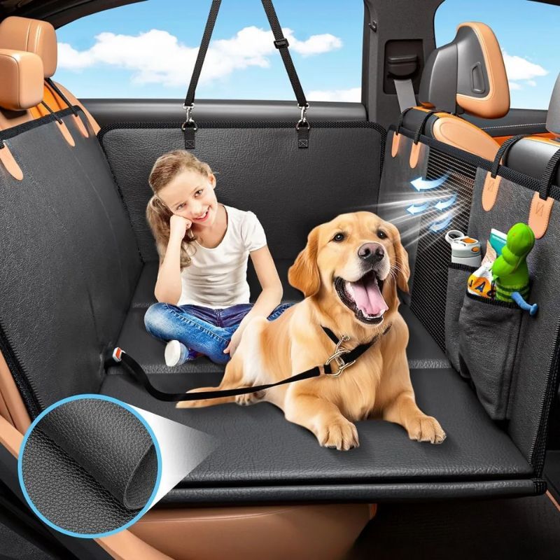 高級レザー車載ペットシートカバー 防水防キズ 耐荷重180kg 硬質ボード採用 滑り止め 通気性メッシュデザイン SUV・トラック対応 広々スペース40%増 簡単取付お手入れ 愛車保護 ペット快適ドライブ-Giipet