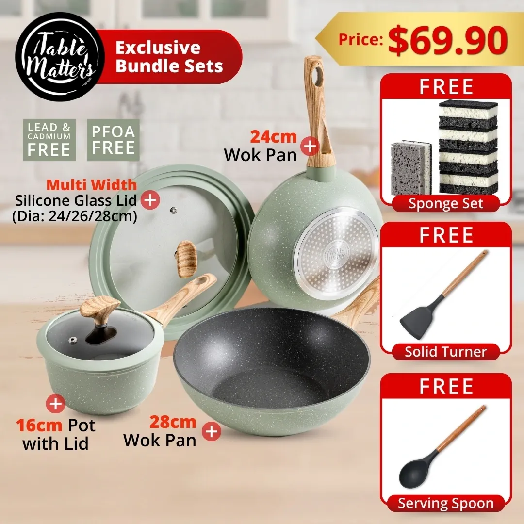 Bundle Deal - EverydayChef 16cm Pot w Lid + 24cm & 28cm Wok Pan + Universal Medium Lid - Dia: 24|26|28cm (Sage)