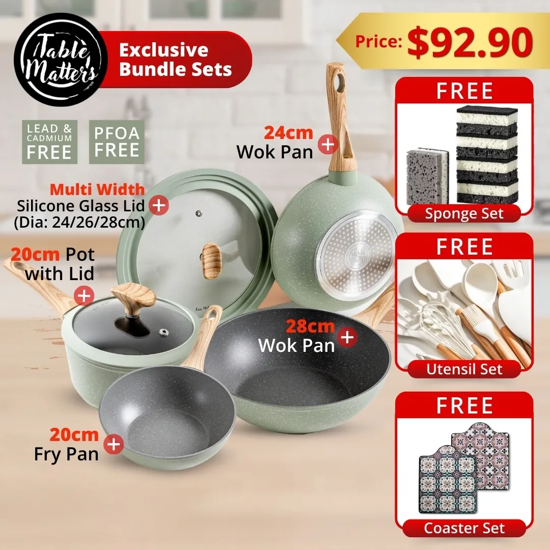 Bundle Deal - EverydayChef 20cm Pot w Lid + 20cm Fry Pan + 24cm & 28cm Wok Pan + Universal Medium Lid - Dia: 24|26|28cm (Sage)