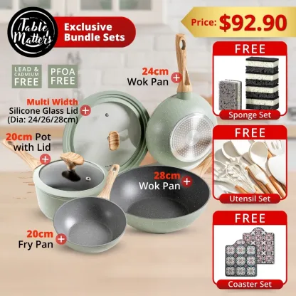 Bundle Deal - EverydayChef 20cm Pot w Lid + 20cm Fry Pan + 24cm & 28cm Wok Pan + Universal Medium Lid - Dia: 24|26|28cm (Sage)