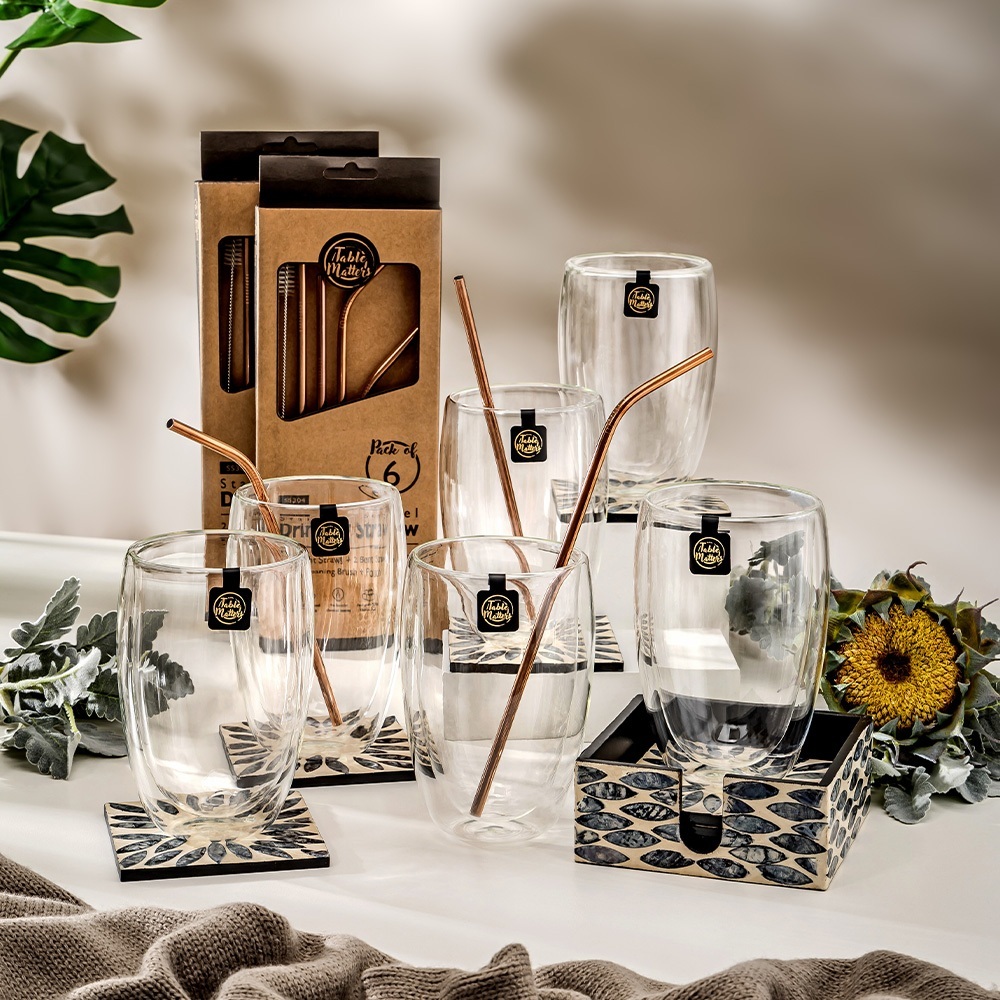 Bundle Deal - 20PCS Drinkware Set - Double Wall Glass + Straws + Coasters