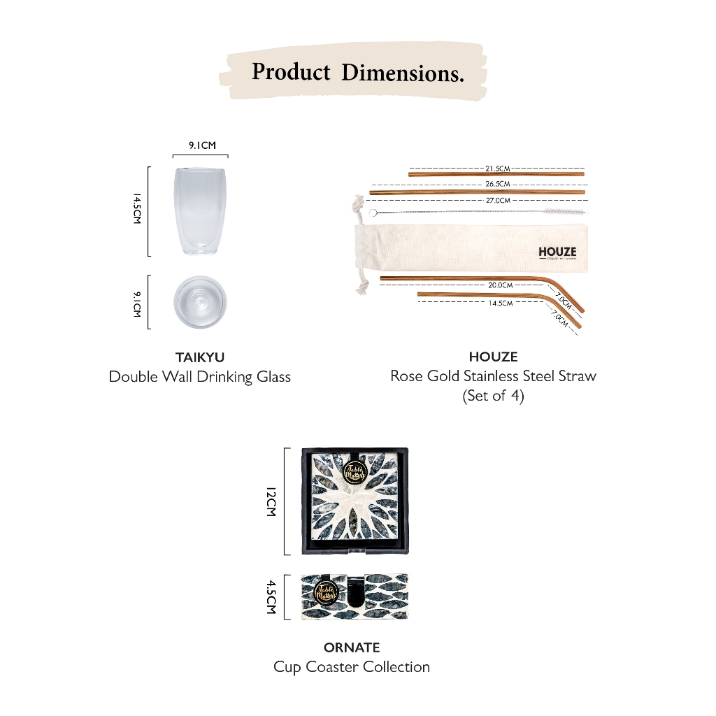 Bundle Deal - 20PCS Drinkware Set - Double Wall Glass + Straws + Coasters