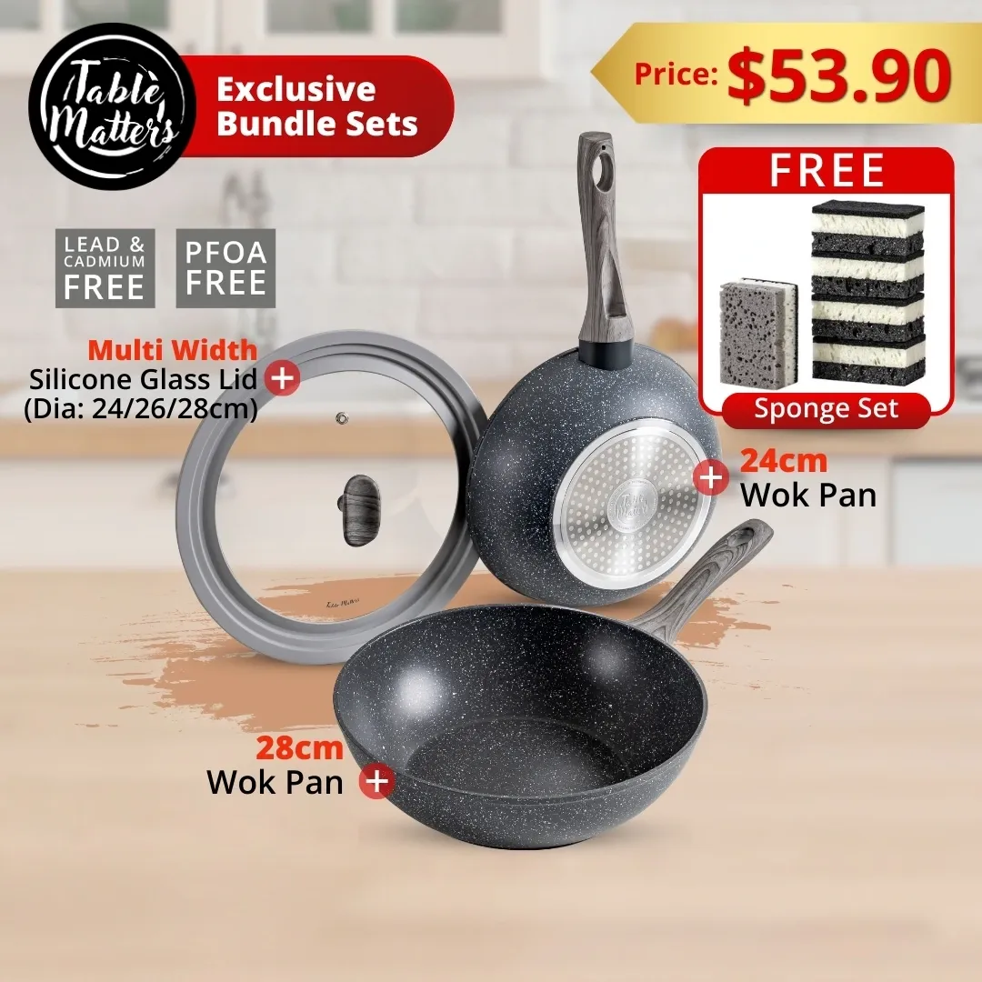 Bundle Deal - EverydayChef 24cm & 28cm Wok Pan + Universal Medium Lid - Dia: 24|26|28cm (Grey)