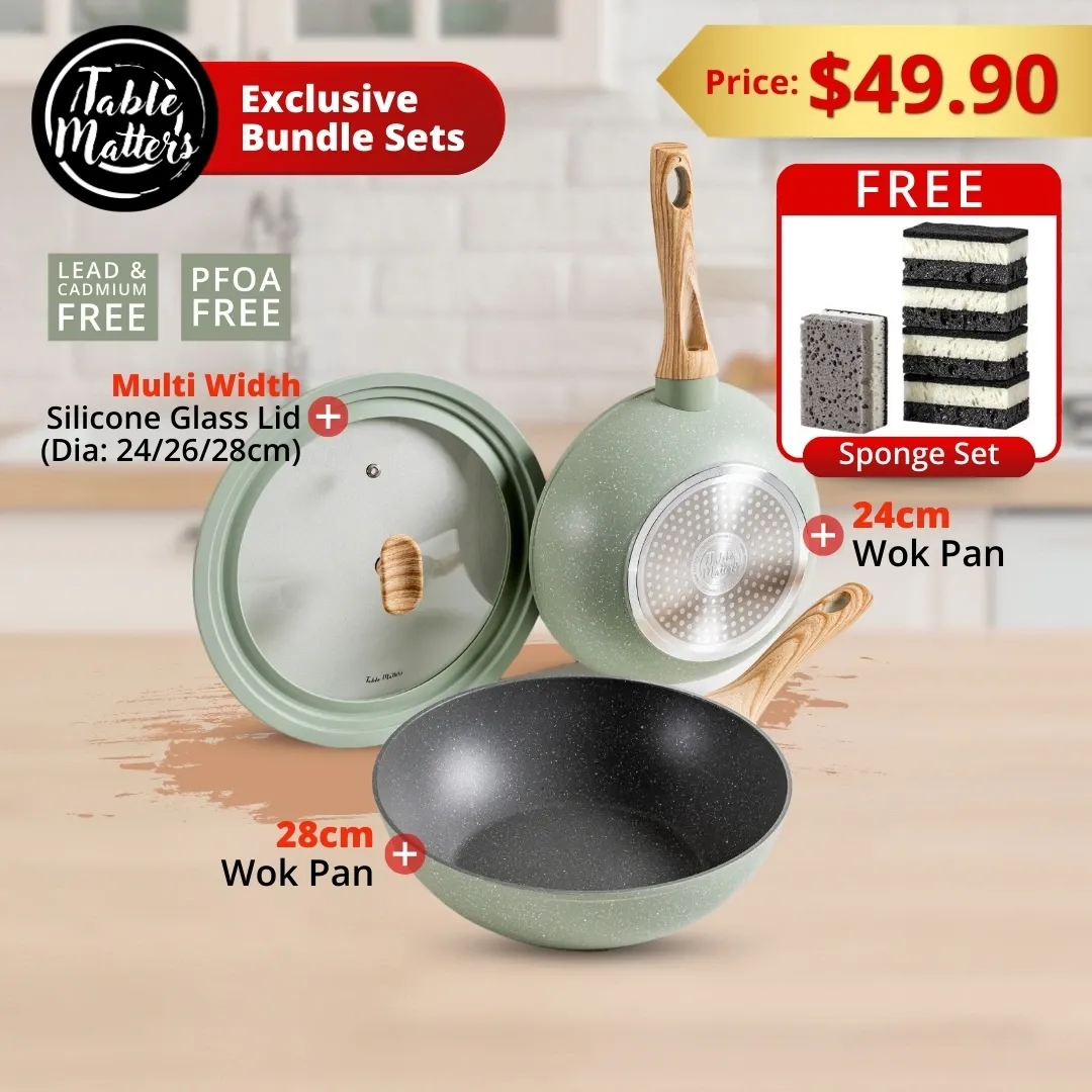 Bundle Deal - EverydayChef 24cm & 28cm Wok Pan + Universal Medium Lid - Dia: 24|26|28cm (Sage)